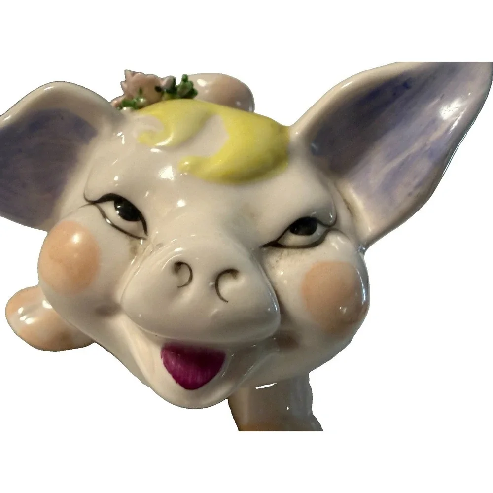Vintage Lefton Japan Piggy Bank Applied Porcelain Flowers Pink Pig Coin Bank